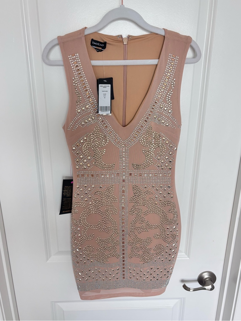 NWT Bebe Nude Studded Bodycon Mini Dress XS Y2K Glam Bandage Rhinestone Clubwear - Picture 7 of 14
